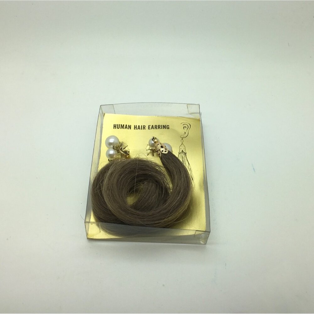 Vintage Human Hair Clip On Earrings Faux Pearls Gold Tone Accents Hong Kong New